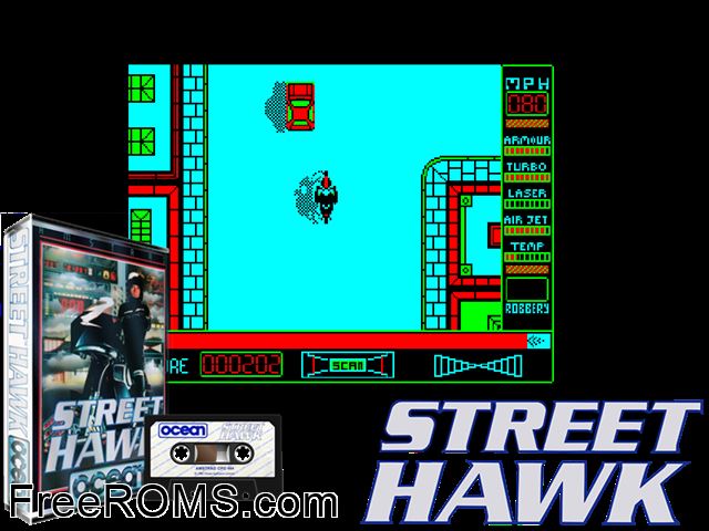 Street Hawk (UK) (1986) [a1] Amstrad CPC game showing 3D box cover and gameplay screenshot